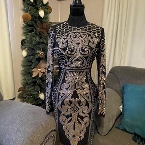 Elegant Black and Silver Long Sleeve Dress